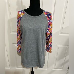 LuLaRoe Grey Raglan Top with Pink, Yellow & Blue Floral Sleeves